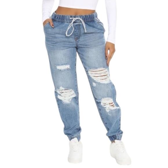NWT Fashion Nova End Game Relaxed Denim Joggers Womens S Medium Wash Streetwear - Picture 1 of 7